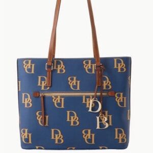 Dooney & Bourke Blue Logo Tote with Tan Leather Trim
